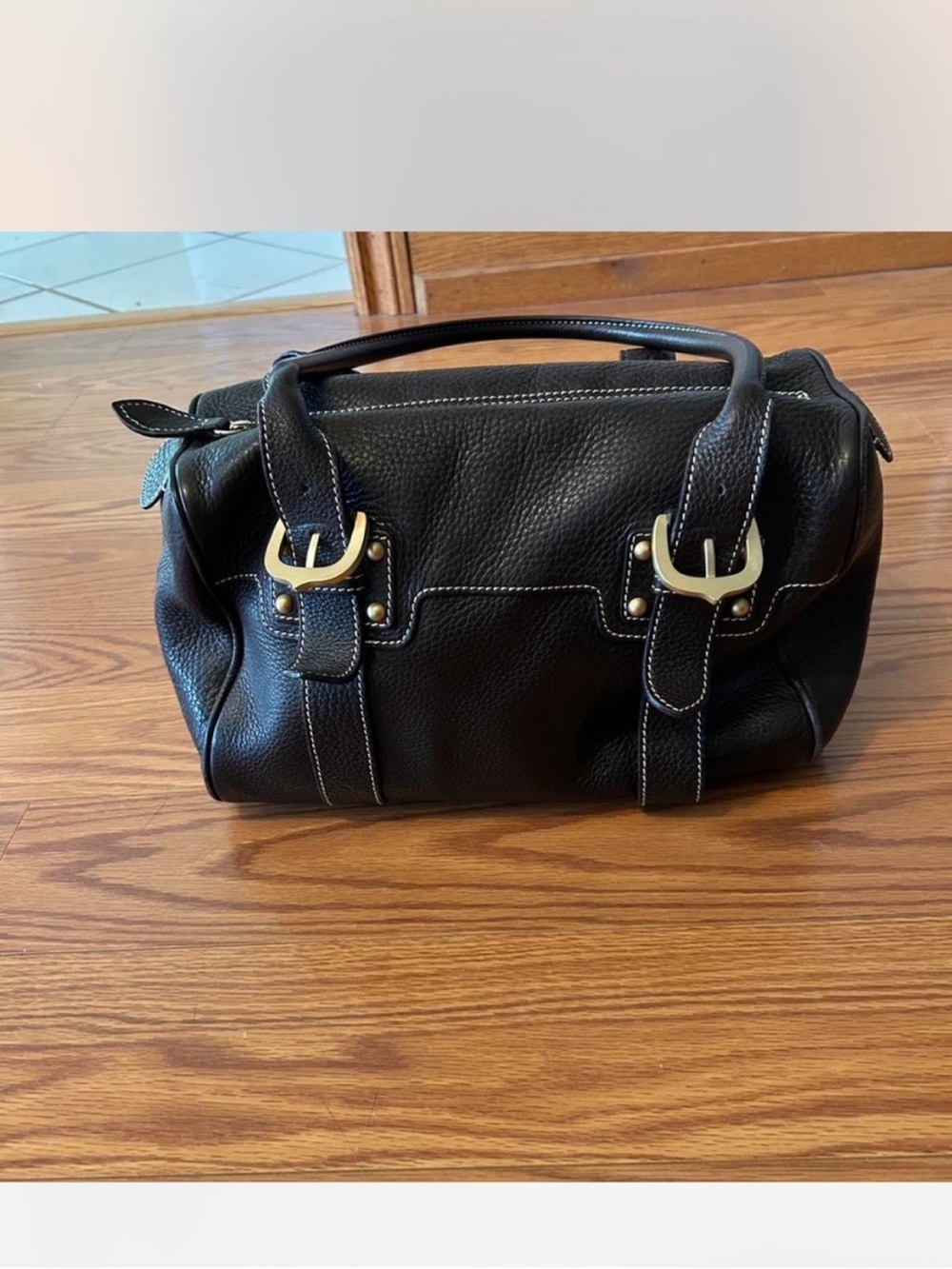 Brown Pebbled Leather Satchel with Gold Buckle Accents